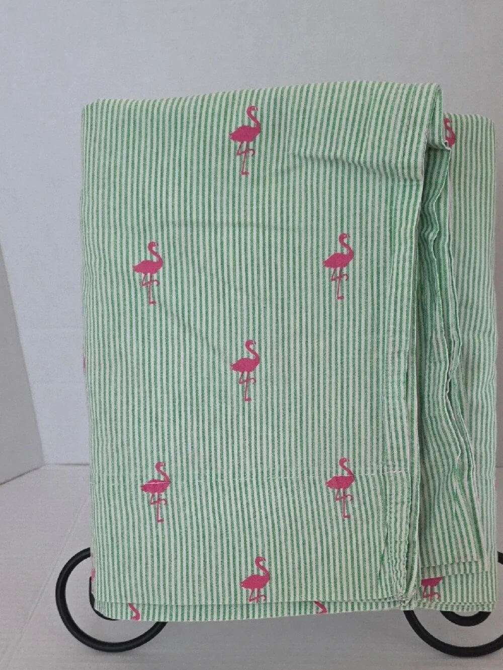 Tommy Hilfiger Green White Striped Pink Flamingo Cotton Twin Sheet